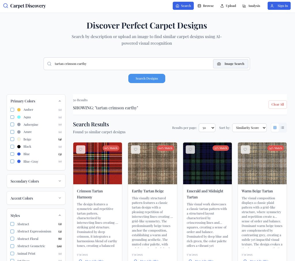 PatternMatch.ai results showing match percentages and AI-written design descriptions
